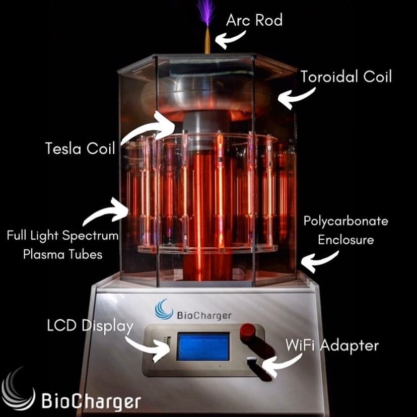 BioCharger NG — uppbyggnad: Tesla Coil, Toroidal Coil, Arc Rod, plasma-tuber och styrenhet